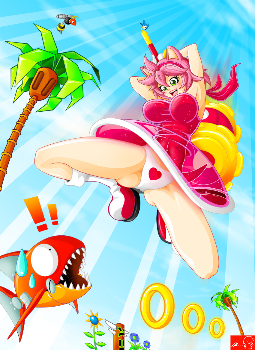 &hearts; &lt;3 amy_rose animal_ears attacking big_breasts boots breasts capelet cleavage female flower gloves gradient gradient_background green_eyes hair hammer high_heels human mammal panties personification pink_hair red_shoes ring robot_bee robot_fish sega shoes short_hair skirt smile solo sonic_(series) sonic_the_hedgehog sweat tree underwear upskirt white_panties witchking00 wood