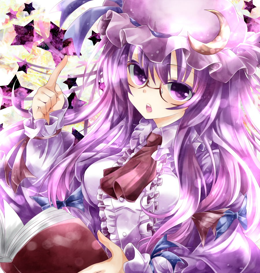 ascot bad_id bad_pixiv_id bespectacled book crescent dress glasses hair_ribbon hat long_hair nanase_nao open_mouth patchouli_knowledge pointing pointing_up purple_dress purple_eyes purple_hair ribbon solo star touhou