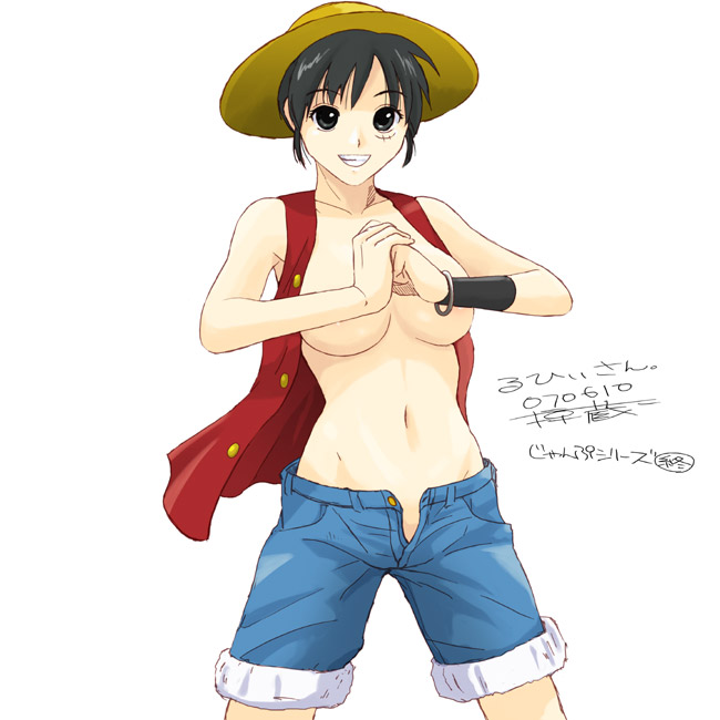black_eyes black_hair breasts denim denim_shorts genderswap genderswap_(mtf) grin groin hat luffyko medium_breasts navel one_piece open_clothes open_fly ryouzou shorts signature simple_background smile solo unzipped vest white_background wristband
