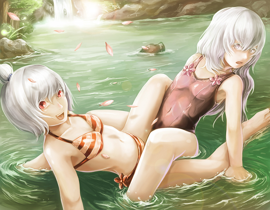 arm_support bad_id bad_pixiv_id bikini clothed_sex face flat_chest long_hair looking_at_viewer multiple_girls navel one-piece_swimsuit open_mouth original partially_submerged rebe11 red_eyes short_hair silver_eyes silver_hair smile swimsuit tribadism water waterfall yuri