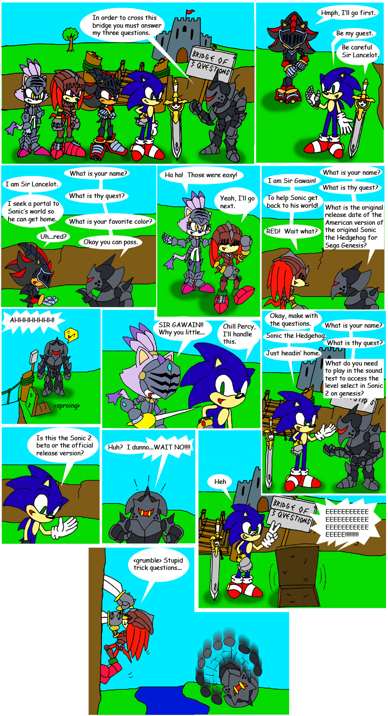 black black_fur blaze_the_cat blue bridge caliburn_the_sword castle cat climbing comic dialog dialogue echidna falling feline female fur green_eyes hedgehog knuckles_the_echidna male mammal monty_python_and_the_holy_grail ponytail purple purple_eyes purple_fur red red_body red_eyes sega shadow_the_hedgehog sir_gawain sir_lancelot sir_percival sonic_(series) sonic_and_the_black_knight sonic_the_hedgehog sword tail text wakeangel2001 weapon yellow_eyes