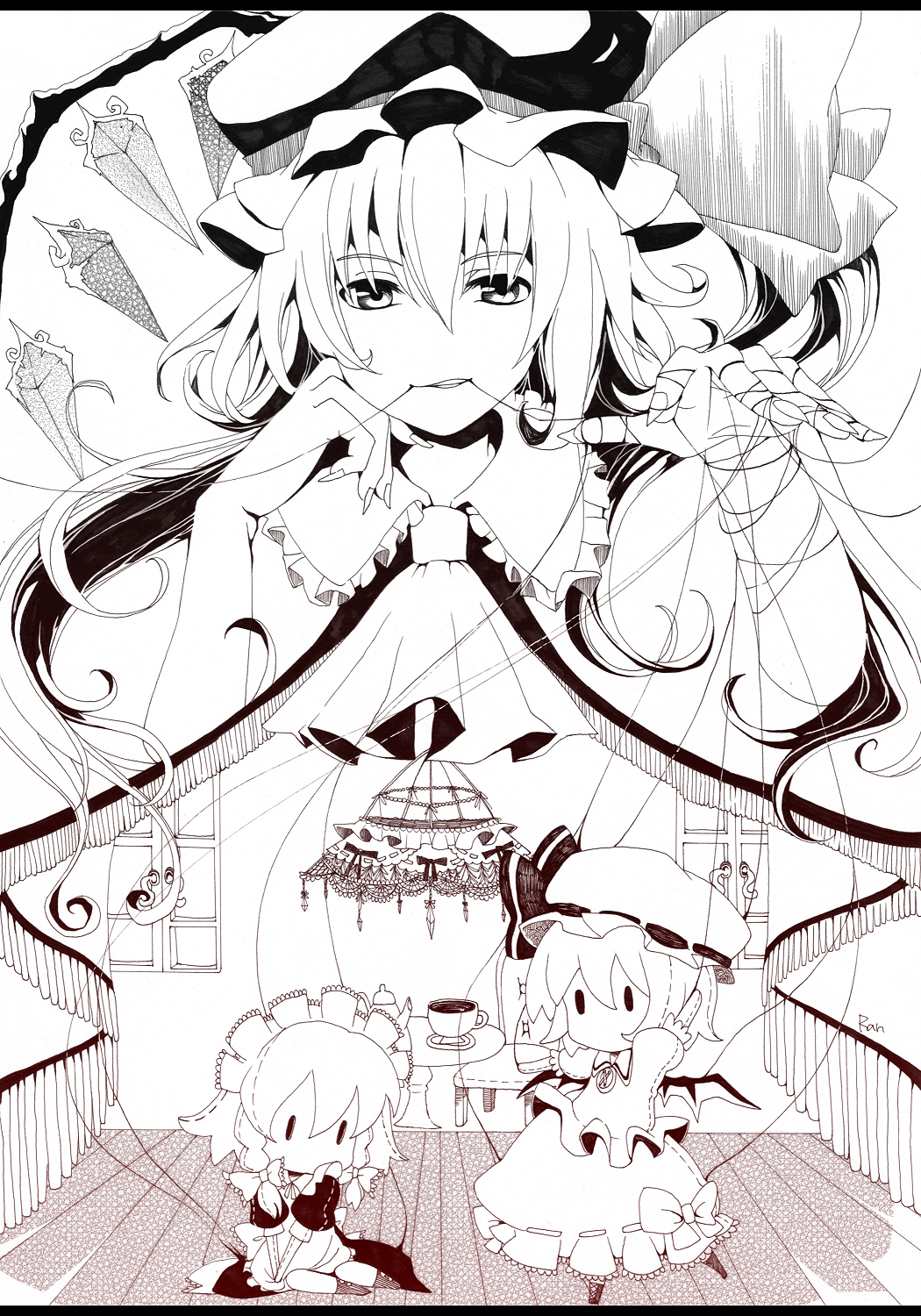 bad_id bad_pixiv_id character_doll flandre_scarlet gradient highres izayoi_sakuya kochouran monochrome mouth_hold puppet puppet_strings remilia_scarlet solo string touhou wings