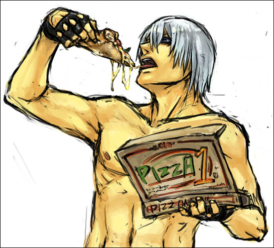 1boy box capcom dante dante_(devil_may_cry) devil_may_cry devil_may_cry_3 driving_gloves eating fingerless_gloves food gloves male male_focus muscle nipples pizza shirtless simple_background solo tongue topless white_hair