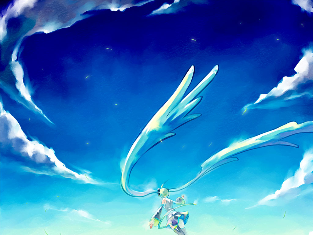 ahoge aqua aqua_hair blue cloud day detached_sleeves from_behind hair_wings hatsune_miku long_hair outstretched_arms skirt sky solo spread_arms standing sugikiyu thighhighs twintails very_long_hair vocaloid wallpaper wind wings