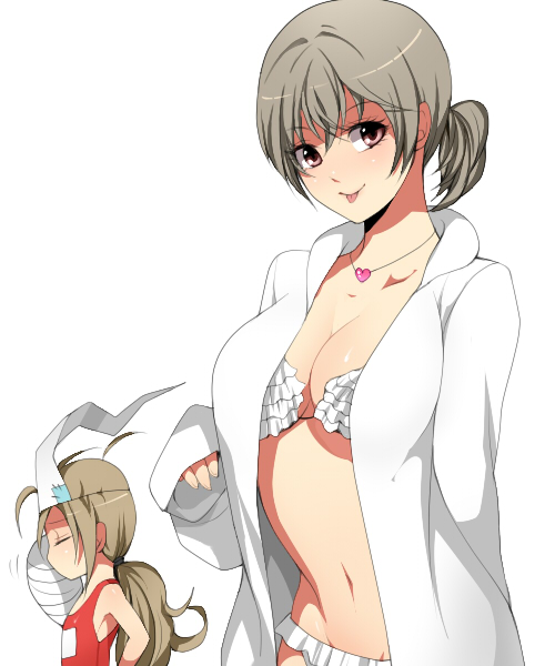 :p bad_id bad_pixiv_id bandages bikini binbougami_ga! brown_eyes cast closed_eyes frilled_bikini frills grey_hair heart jewelry komekei long_sleeves momiji_(binbougami_ga!) multiple_girls necklace one-piece_swimsuit open_clothes open_shirt sakura_ichiko school_swimsuit shirt short_hair swimsuit tongue tongue_out