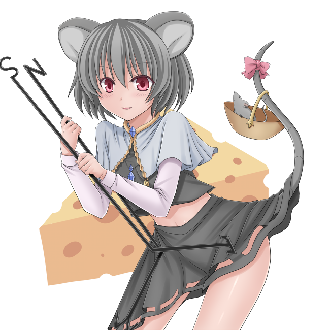 animal_ears bad_id bad_pixiv_id basket bow cheese food grey_hair hasu_(hk_works) mouse mouse_ears mouse_tail nazrin skirt solo tail touhou