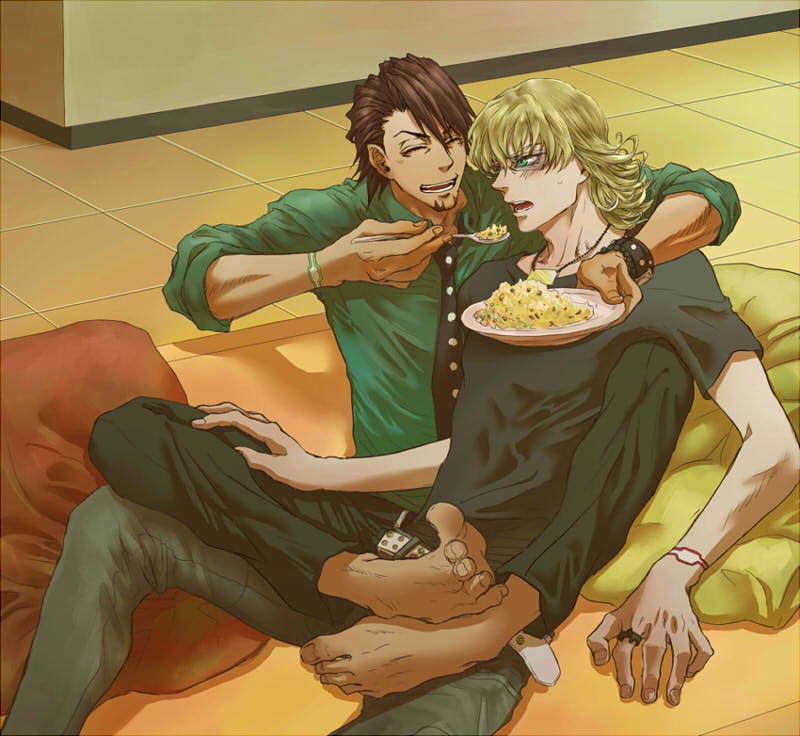 ^_^ barefoot barnaby_brooks_jr belt blonde_hair bracelet brown_hair closed_eyes couch feeding feet food fried_rice glasses green_eyes jacket jewelry kaburagi_t_kotetsu kinopipiko male_focus multiple_boys necklace pillow ring shirt short_hair studded_belt t-shirt tiger_&amp;_bunny watch wristwatch