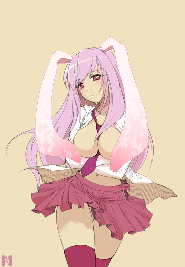 animal_ears between_breasts blush breasts bunny_ears covering covering_breasts crossed_arms head_tilt large_breasts long_hair looking_at_viewer miniskirt navel necktie nuna_(c-a-d) open_clothes open_mouth open_skirt pleated_skirt purple_hair red_eyes red_legwear red_skirt reisen_udongein_inaba simple_background skirt solo thigh_gap thighhighs touhou