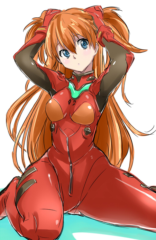 adjusting_hair armpits arms_up ass_visible_through_thighs bangs blue_eyes blush bodysuit bracer breasts breasts_apart closed_mouth expressionless gloves hair_between_eyes hands_on_own_head head_tilt headgear hips iropa long_hair looking_at_viewer medium_breasts neon_genesis_evangelion number orange_hair pilot_suit plugsuit red_bodysuit shadow shiny shiny_clothes shiny_hair simple_background sitting sketch solo souryuu_asuka_langley spread_legs thighs turtleneck two_side_up very_long_hair wariza white_background wide_hips