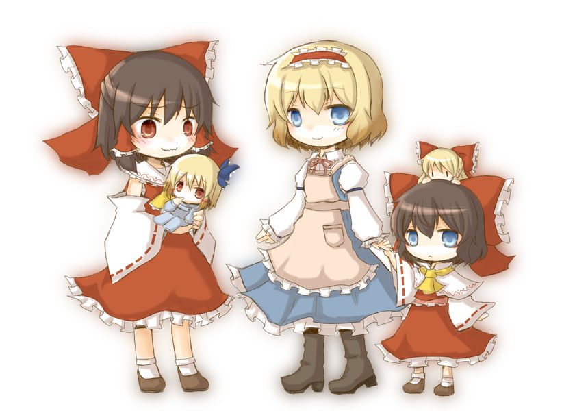 :&lt; :3 alice_margatroid apron ascot baby baby_carry blonde_hair blue_hair blush boots bow brown_hair chibi chibi_on_head child couple detached_sleeves family finger_in_mouth hair_bow hair_tubes hairband hakurei_reimu happy headdress holding_hands ico_(engawa_roman) if_they_mated ips_cells large_bow mary_janes mother_and_daughter multiple_girls on_head red_eyes shanghai_doll shoes short_hair smile touhou wavy_mouth yuri |_|