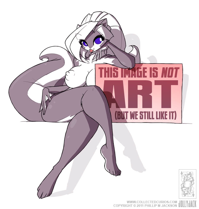 animal_ears avoid_posting big_breasts blue_eyes breasts chloe_sinclaire conditional_dnp english_text female fluffy_tail hair jollyjack lipstick long_hair looking_at_viewer mammal nipples nude plain_background skunk solo tail text tongue tongue_out white_background white_hair