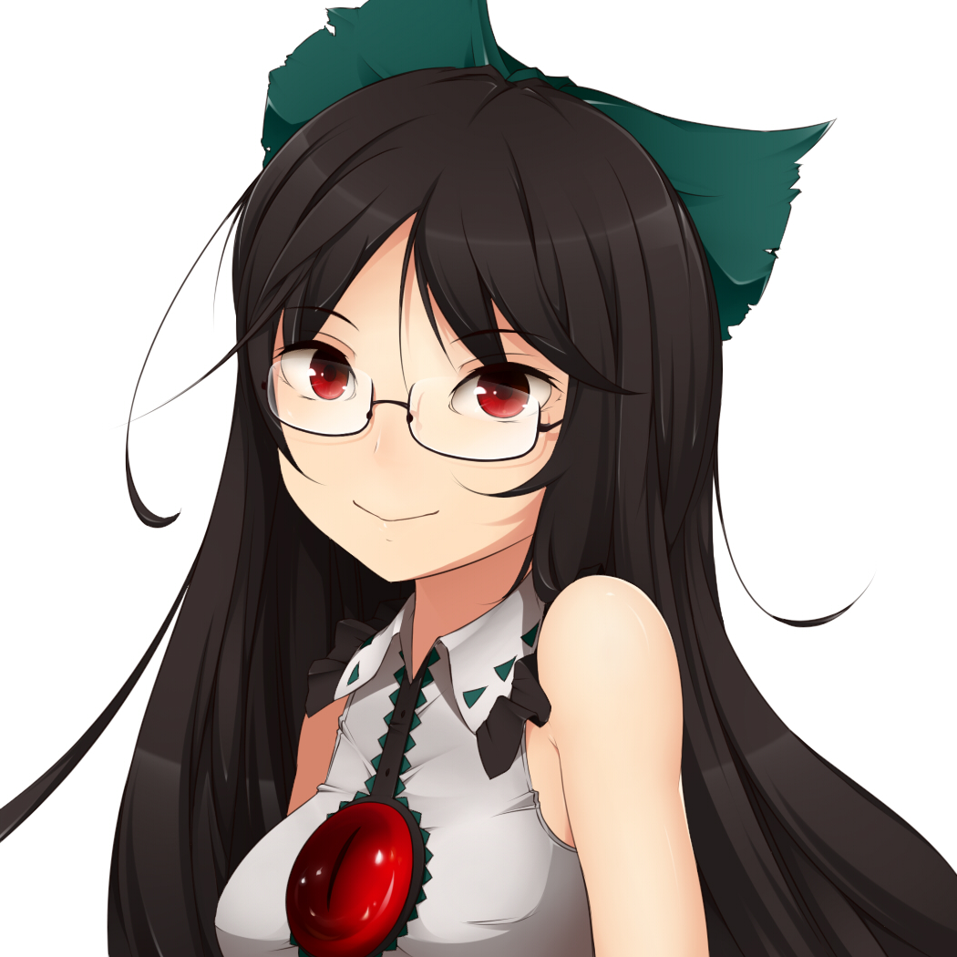bad_id bad_pixiv_id bare_shoulders bespectacled black_hair bow closed_mouth face glasses hair_bow kinakomoti long_hair looking_at_viewer red_eyes reiuji_utsuho sleeveless smile solo third_eye touhou upper_body very_long_hair