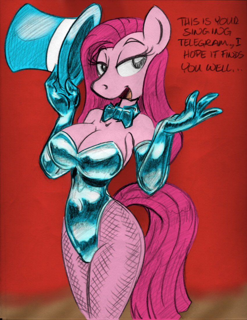 anthrofied bow_tie breasts cleavage clothed clothing dialog dialogue equine female fishnet friendship_is_magic gloves hair hasbro horse king-cheetah legwear mammal my_little_pony pink_hair pinkamena_(mlp) pinkie_pie_(mlp) pony quine showgirl solo stockings straight_hair tail text