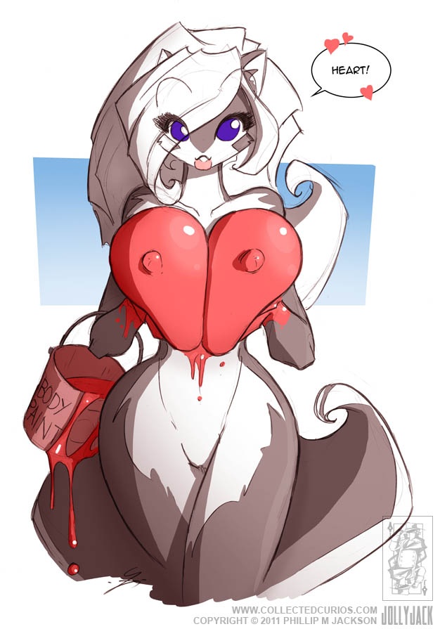 &lt;3 animal_ears avoid_posting big_breasts blue_eyes bodypaint breast_squish breasts bucket chloe_sinclaire conditional_dnp female fluffy_tail hair huge_breasts jollyjack lipstick long_hair looking_at_viewer mammal nipples nude paint red_paint skunk solo tail white_hair wide_hips