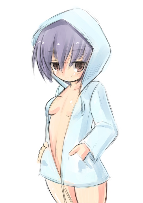 blue_hair copyright_request hands_in_pockets hood hooded_jacket jacket kourourin nude open_clothes red_eyes short_hair solo
