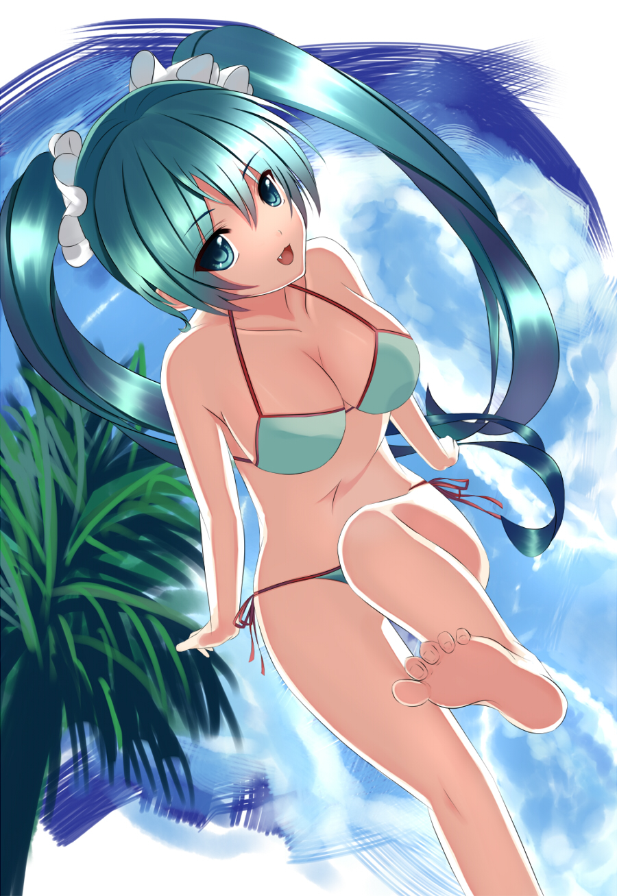 :3 bad_id bad_pixiv_id barefoot bikini breasts cleavage fang feet foreshortening from_below green_eyes green_hair hatsune_miku highres koyomaru large_breasts long_hair palm_tree pov_feet side-tie_bikini soles solo swimsuit toes tree twintails very_long_hair vocaloid