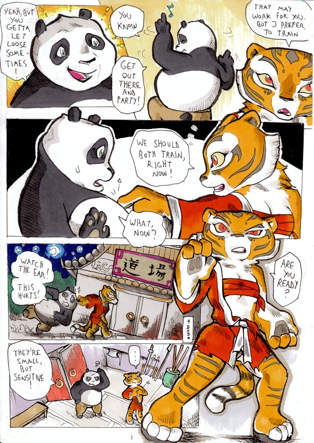 bear better_late_than_never blue_eyes cat comic daigaijin dialog dialogue english_text feline female kung_fu_panda male mammal master_tigress panda po red_eyes stripes tail text tiger