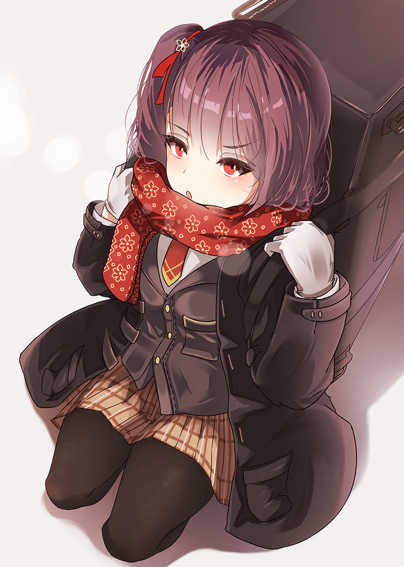 1girl alternate_costume bag bangs blush brown_jacket coat eyebrows_visible_through_hair floral_print girls_frontline gloves hair_ribbon jacket katuo1129 kneeling long_hair long_sleeves looking_at_viewer necktie open_mouth pleated_skirt red_eyes red_hair red_ribbon red_scarf ribbon scarf shadow side_ponytail skirt solo wa2000_(girls_frontline) white_background white_gloves