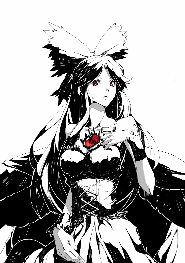 alternate_costume bare_shoulders bow breasts cape cleavage corset greyscale hair_bow hand_on_own_chest long_hair medium_breasts medium_skirt monochrome radiation_symbol red_eyes reiuji_utsuho shirt skirt solo spot_color sukocchi symbol-shaped_pupils touhou wings