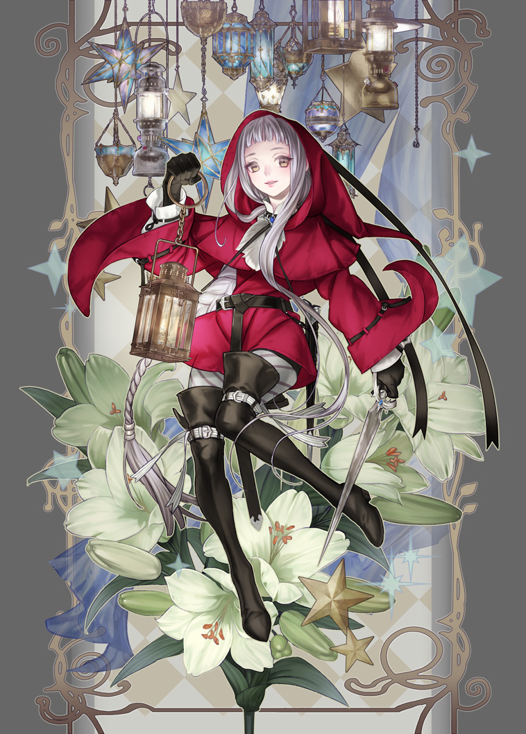 boots flower high_heels hood knee_boots lamp lantern lily_(flower) long_hair na222222 original shoes solo star sword thigh_boots thighhighs very_long_hair weapon white_hair