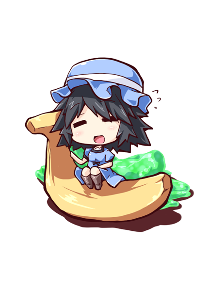 =_= banana black_hair chibi closed_eyes dress food fruit gel_banana hat on_banana open_mouth reku shiina_mayuri short_hair solo steins;gate