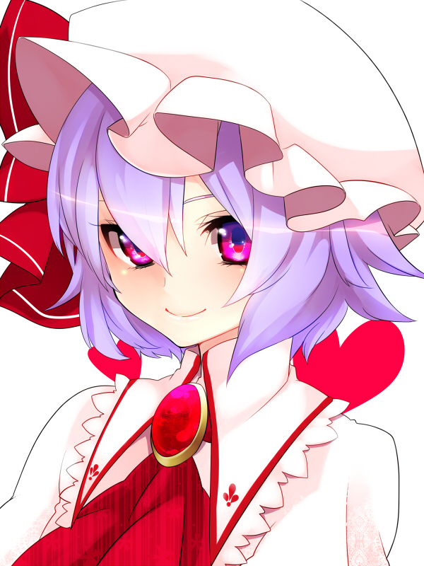 ascot blush brooch closed_mouth face hat heart jewelry lavender_hair multicolored multicolored_eyes purple_eyes red_eyes remilia_scarlet short_hair smile solo touhou upper_body yutazou