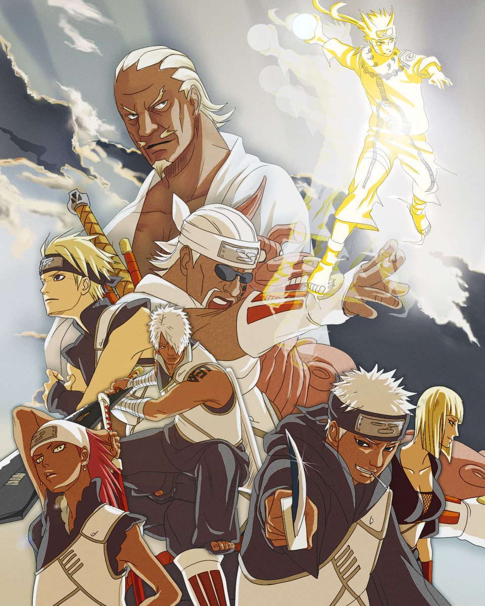 a_(naruto) a_(yondaime) c_(naruto) dark_skin darui gyuuki_(naruto) hachibi_no_kyogyu highres karui killer_bee kumogakure_symbol naruto naruto_shippuuden nishimura_aloha omoi_(naruto) pixiv_manga_sample raikage resized samui sword uzumaki_naruto weapon