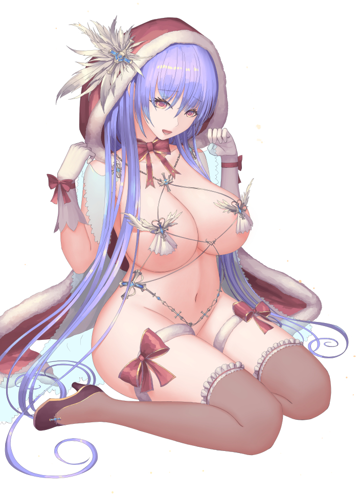 1girl :d bad_anatomy blue_hair bow breasts brown_legwear cleavage gloves hands_up hat hat_feather large_breasts long_hair looking_at_viewer navel open_mouth pink_eyes red_bow red_hat red_neckwear rinmmo sitting smile thigh_strap thighhighs thighs very_long_hair wariza white_background white_gloves