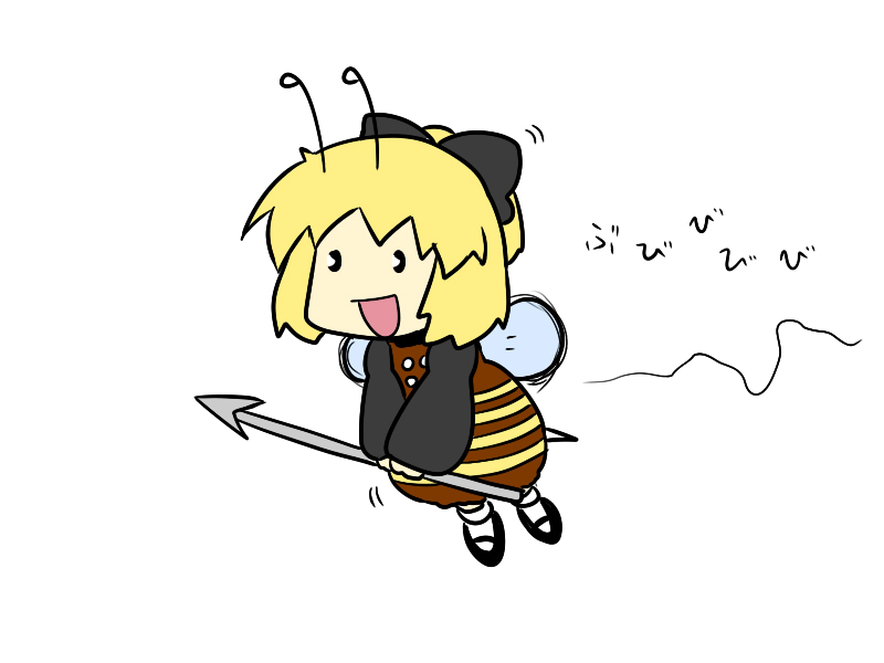 :d antennae bee_girl blonde_hair chibi flying happy insect_girl insect_wings kurodani_yamame monster_girl open_mouth polearm pon_(0737) short_hair simple_background smile solo spear stinger touhou weapon white_background wings
