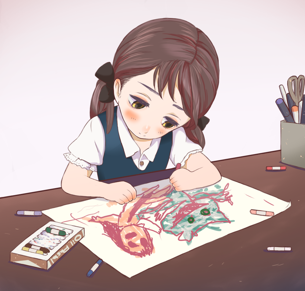 brown_hair commentary dachaku drawing left-handed monster original pastels scissors yellow_eyes