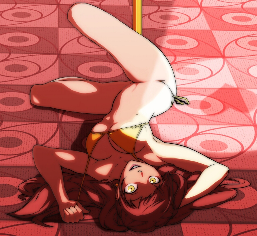 bare_shoulders bikini bikini_pull breasts cleavage deko_(pixiv) kujikawa_rise long_hair lying navel on_back persona persona_4 photo_edit pole red_hair side-tie_bikini smile solo stripper_pole swimsuit twintails yellow_eyes