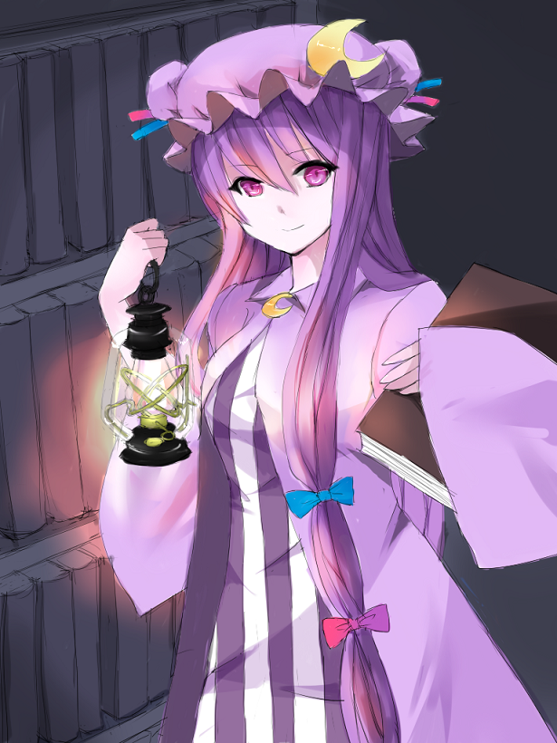 bad_id bad_pixiv_id blush book crescent dress hat lamp long_hair patchouli_knowledge purple_eyes purple_hair ribbon solo sugar_color touhou