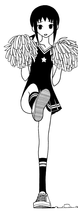 black_hair cheerleader eyebrows greyscale kaga_ai kumeta_kouji leg_up monochrome official_art pom_poms sayonara_zetsubou_sensei simple_background solo tube_socks