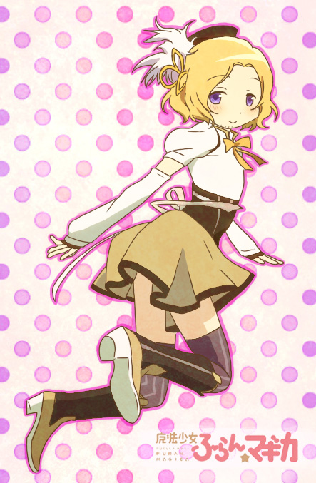 1boy axis_powers_hetalia blonde_hair character_request crossdress crossdressing detached_sleeves france_(hetalia) in_air mahou_shoujo_madoka_magica male male_focus purple_eyes ribbon short_hair solo thighhighs tomoe_mami tomoe_mami_(cosplay)