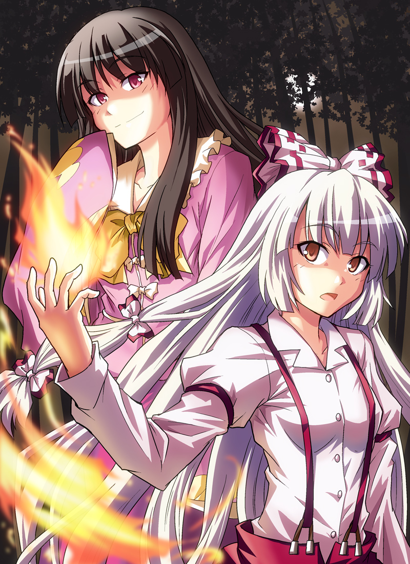 arm_up bow brown_eyes brown_hair dress dress_shirt fire flame forest fujiwara_no_mokou hair_bow hair_ribbon houraisan_kaguya long_hair multiple_girls nature night open_mouth pants pink_dress red_eyes ribbon rimibure shirt silver_hair smile suspenders touhou