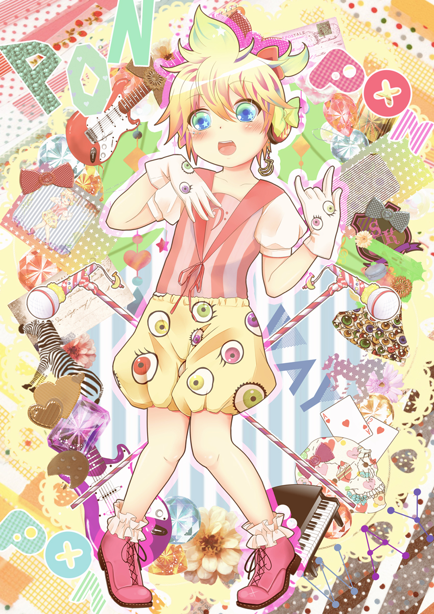 blonde_hair blue_eyes cosplay full_body gloves highres kagamine_len kyary_pamyu_pamyu kyary_pamyu_pamyu_(cosplay) male_focus mamakari open_mouth otoko_no_ko ponponpon solo vocaloid