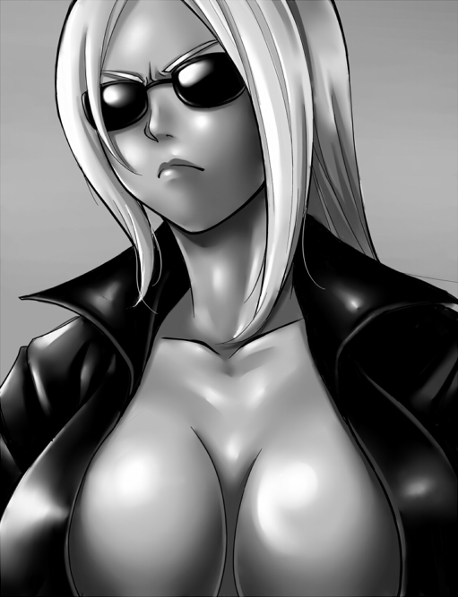 :&lt; breasts catsuit center_opening cleavage closed_mouth death_by_degrees greyscale large_breasts monochrome nina_williams pleasure-treasure scowl shiny shiny_skin solo sunglasses tekken upper_body v-shaped_eyebrows