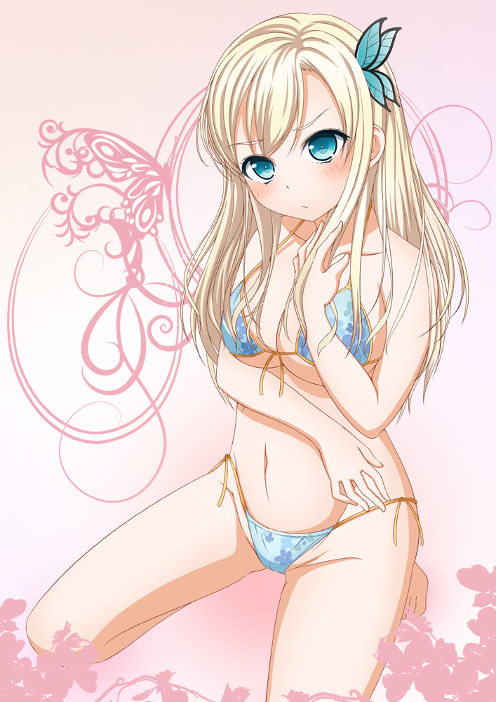 aqua_eyes bikini blonde_hair blue_bikini blush boku_wa_tomodachi_ga_sukunai breasts bug butterfly butterfly_hair_ornament floral_print front-tie_top hair_ornament insect kashiwazaki_sena large_breasts long_hair navel side-tie_bikini solo swimsuit takamin_apaman underboob