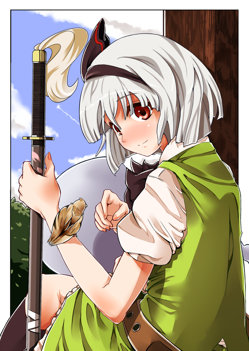 bad_id bad_pixiv_id belt bird black_hairband ghost hair_ribbon hairband hitodama katana konpaku_youmu konpaku_youmu_(ghost) red_eyes ribbon scabbard sheath sheathed silver_hair solo sparrow sword syouji_takeru touhou weapon