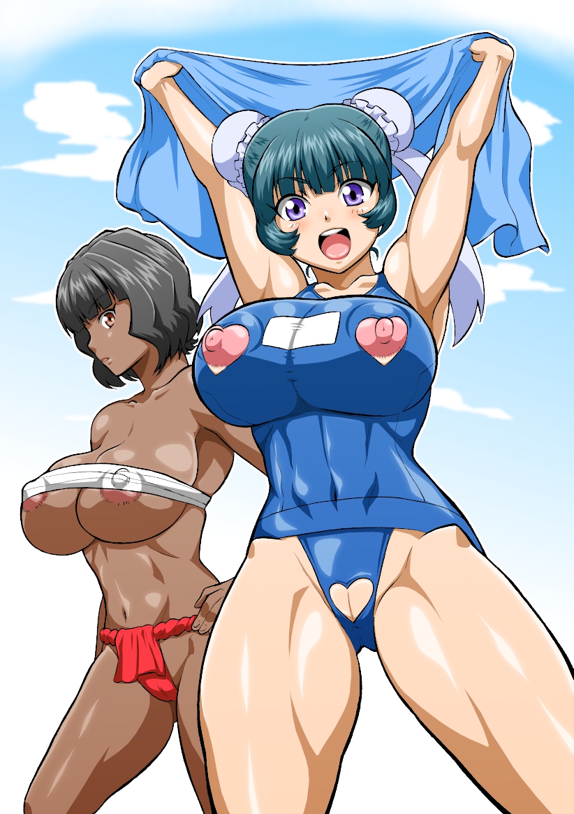 2girls areolae arms_up beyblade beyblade_metal_fusion black_hair blue_hair blush breasts brown_eyes crotchless crotchless_swimsuit dark_skin double_bun erect_nipples hand_on_hip hips hokuto_(pixiv) hokuto_(tokuho) huge_breasts large_breasts mei_mei mei_mei_(beyblade) metal_fight_beyblade multiple_girls nippleless_clothes nippleless_clothing nipples one-piece_swimsuit open_mouth purple_eyes pussy sarashi selen_gracy smile swimsuit thighs towel uncensored