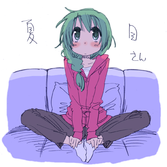 arm_support blush braid butterfly_sitting character_name couch green_eyes green_hair hair_over_shoulder hidamari_sketch hood hoodie long_hair looking_up messy_hair mikami_komata natsume_(hidamari_sketch) pillow single_braid sitting sketch solo