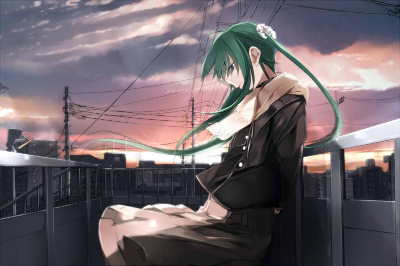 alternate_costume alternate_hairstyle arms_behind_back bangs black_dress black_jacket blue_eyes building cityscape cloud coat commentary_request dress feet_out_of_frame fk flat_chest floating_hair from_side green_hair hatsune_miku jacket light_smile long_hair long_sleeves looking_down one_side_up outdoors pedestrian_bridge power_lines profile railing scarf sitting sky solo sunset utility_pole very_long_hair vocaloid white_scarf
