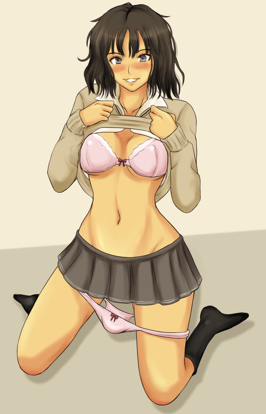 amagami artist_request black_hair blush bra breasts female footwear full_body highres messy_hair momo_765 panties rirakukan school_uniform skirt smile socks solo tanamachi_kaoru underwear undressing