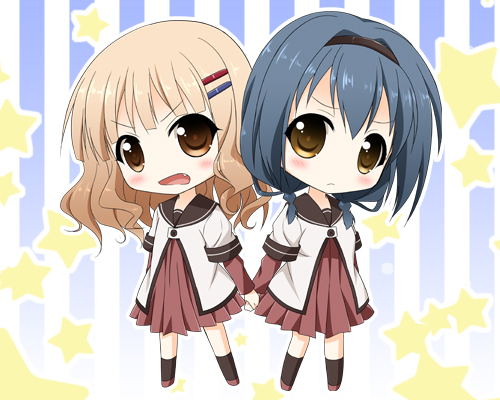 black_legwear blonde_hair blue_hair braid brown_eyes endori fang furutani_himawari hair_ornament hairband hairclip holding_hands long_sleeves lowres multiple_girls nanamori_school_uniform oomuro_sakurako open_mouth school_uniform serafuku short_over_long_sleeves short_sleeves twin_braids yuru_yuri