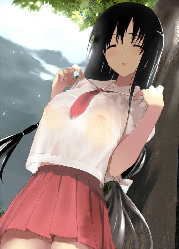 :p areolae bad_id bad_pixiv_id black_hair blush breasts closed_eyes covered_nipples day from_below iwato_kasumi large_breasts long_hair miniskirt nipples no_bra no_panties outdoors pleated_skirt red_skirt saki school_uniform see-through serafuku skirt smile solo tongue tongue_out tree uiui_(umegayu) under_tree wet wet_clothes