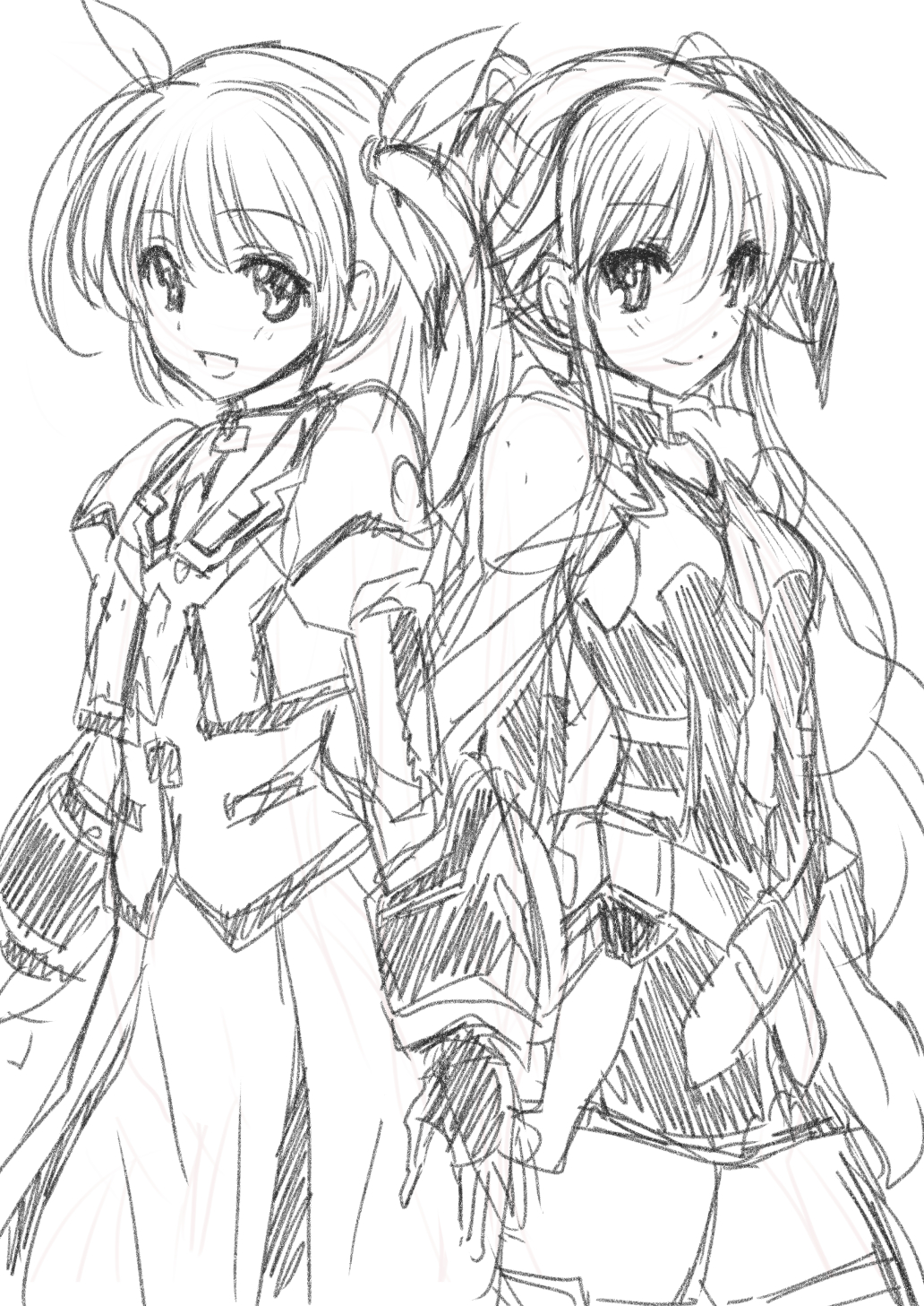 2girls :d bangs belt blush cowboy_shot eyebrows_visible_through_hair fate_testarossa gauntlets gloves hair_ribbon highres juliet_sleeves long_sleeves looking_at_viewer lyrical_nanoha magical_girl mahou_shoujo_lyrical_nanoha mahou_shoujo_lyrical_nanoha_a's mahou_shoujo_lyrical_nanoha_the_movie_2nd_a's mitarashi_kousei monochrome multiple_girls open_mouth puffy_sleeves ribbon short_twintails simple_background sketch skirt smile standing takamachi_nanoha thighhighs twintails white_background