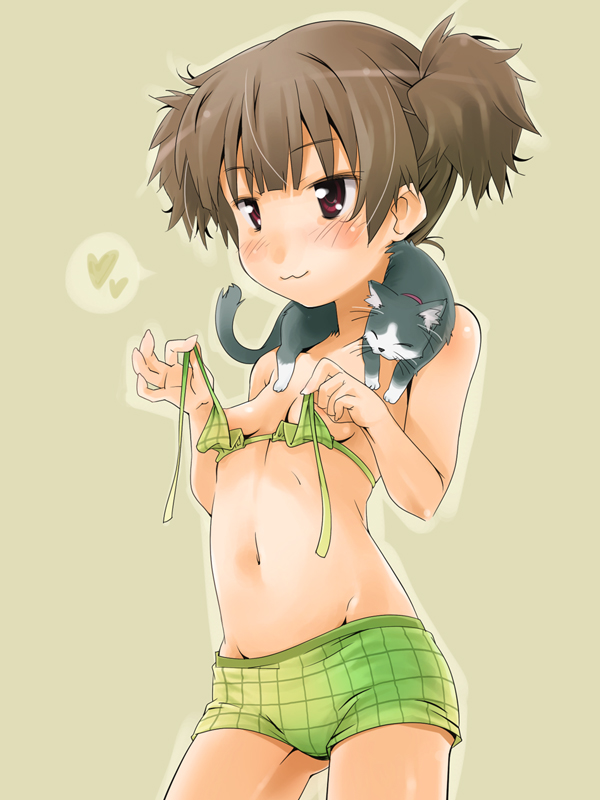 :3 animal animal_on_shoulder bikini brown_eyes brown_hair cat cat_on_shoulder flat_chest groin k-on! short_hair short_twintails shorts solo suzuki_jun swimsuit twintails untied westriver