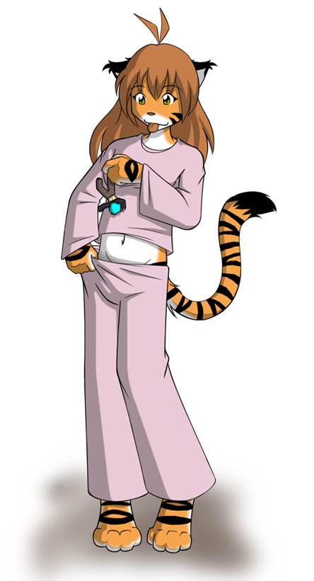 clothed clothing feline female flora_(twokinds) hair human interspecies male mammal micro navel orange_body pajamas playful pyjamas role_reversal size_difference smile standing straight stripes tiger tom_fischbach tongue tongue_out trace_(twokinds) trace_legacy twokinds white_belly