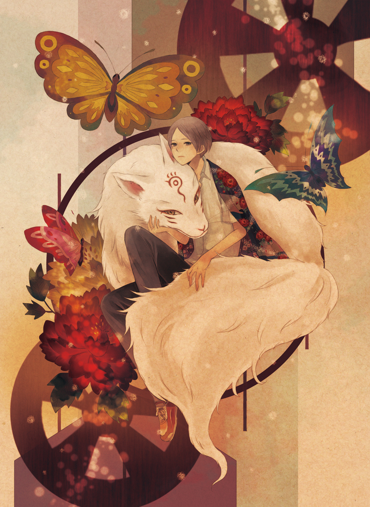 bug butterfly flower insect madara_(natsume_yuujinchou) male_focus natsume_takashi natsume_yuujinchou peony_(flower) short_hair yumi_(tuzisaka)