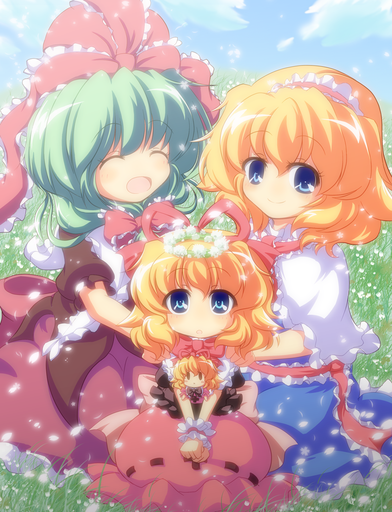alice_margatroid anime_coloring blonde_hair blue_dress blue_eyes blue_sky capelet closed_eyes day doll dress family field flower flower_field frills front_ponytail green_hair hair_flower hair_ornament hair_ribbon hairband hands_on_shoulders head_wreath kagiyama_hina lily_of_the_valley medicine_melancholy multiple_girls nullpooo open_mouth red_dress ribbon sash sitting sky smile su-san touhou v_arms wrist_cuffs